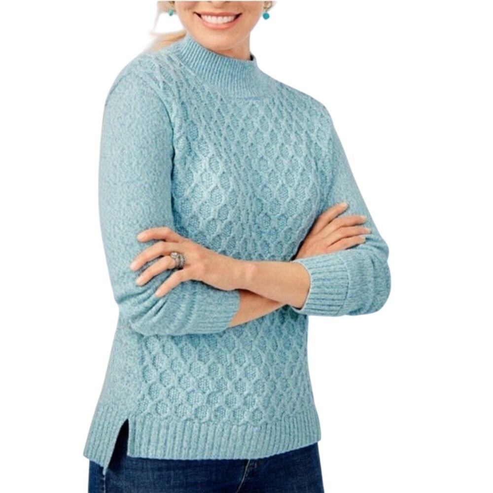 Talbots honeycomb high low mock neck sweater blue green size small